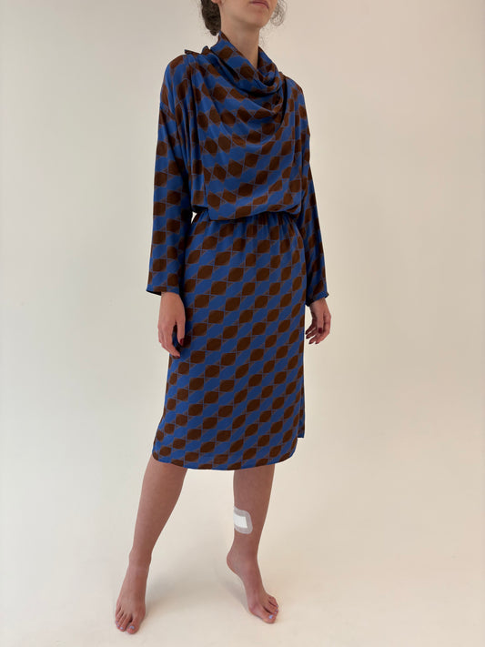 Rochie vintage din mătase naturală cu buzunare și bust drapat