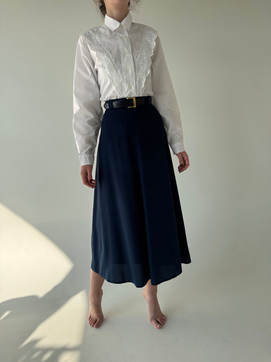 Fustă vintage midi spre maxi Navy cu centura inclusă în croi amplu