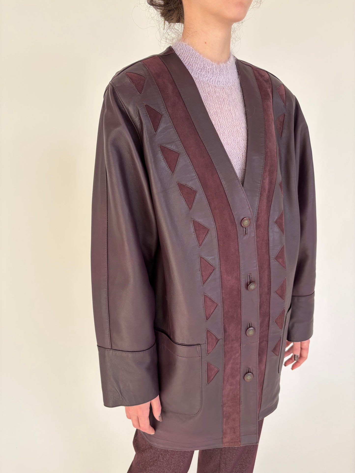 Geacă aubergine din piele naturală moale patchwork