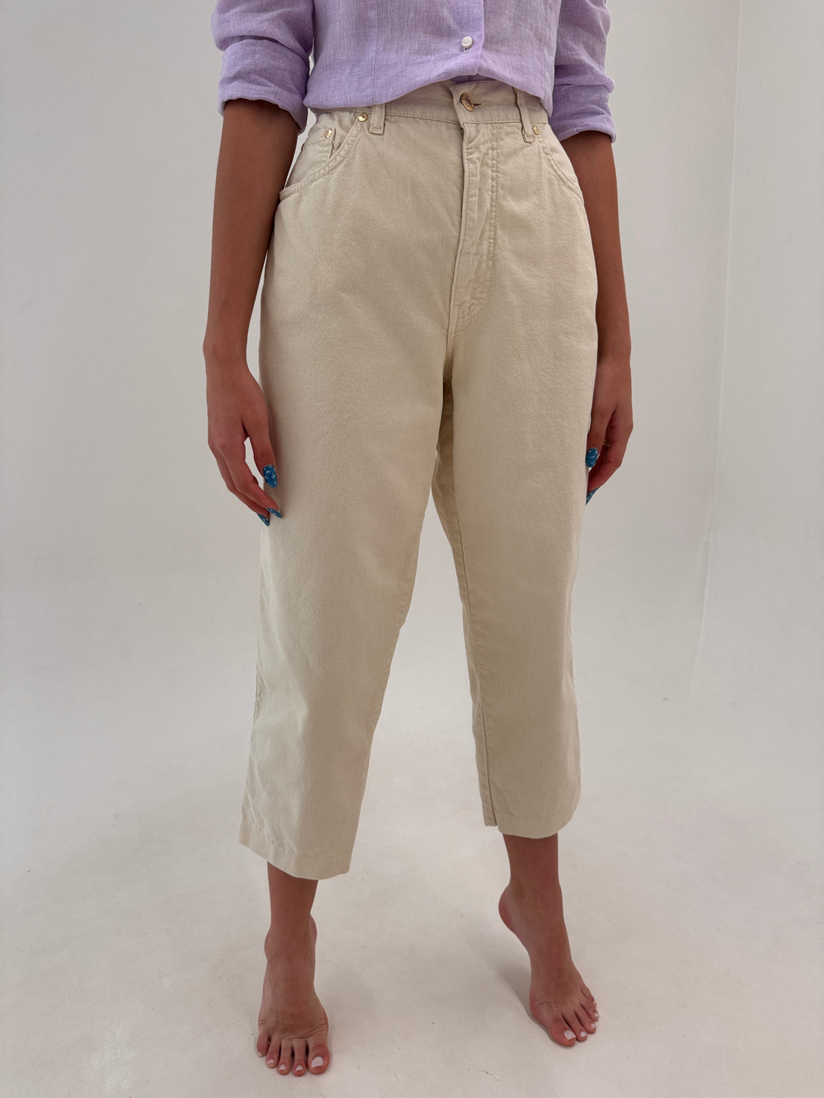 Jeans mom fit camel de vară din bumbac ultra confort petite cu talie ultra înaltă