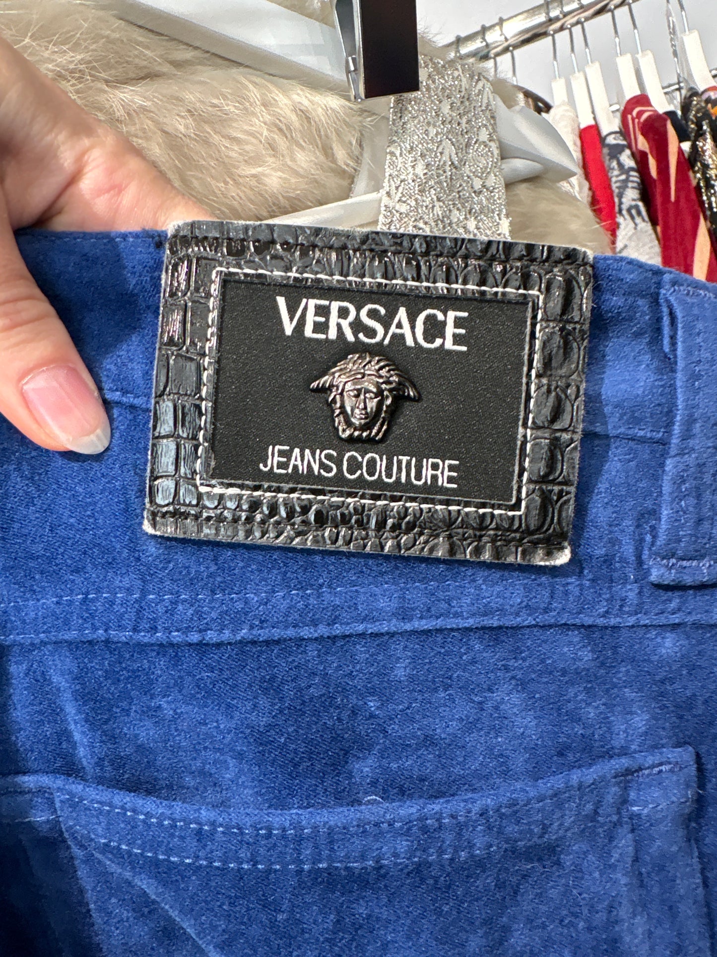 Pantaloni vintage Versace albastru cerneală din catifea