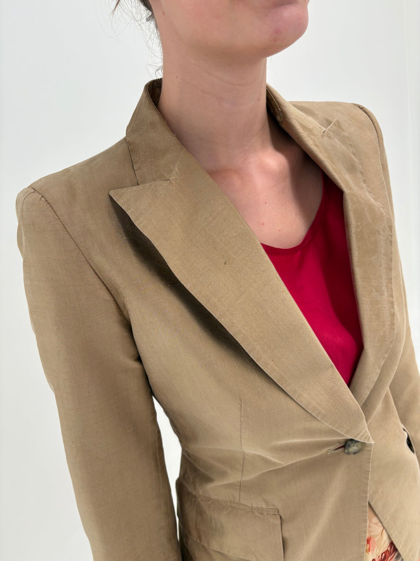 Sacou petite camel de brand luxury din mătase naturală dupioni