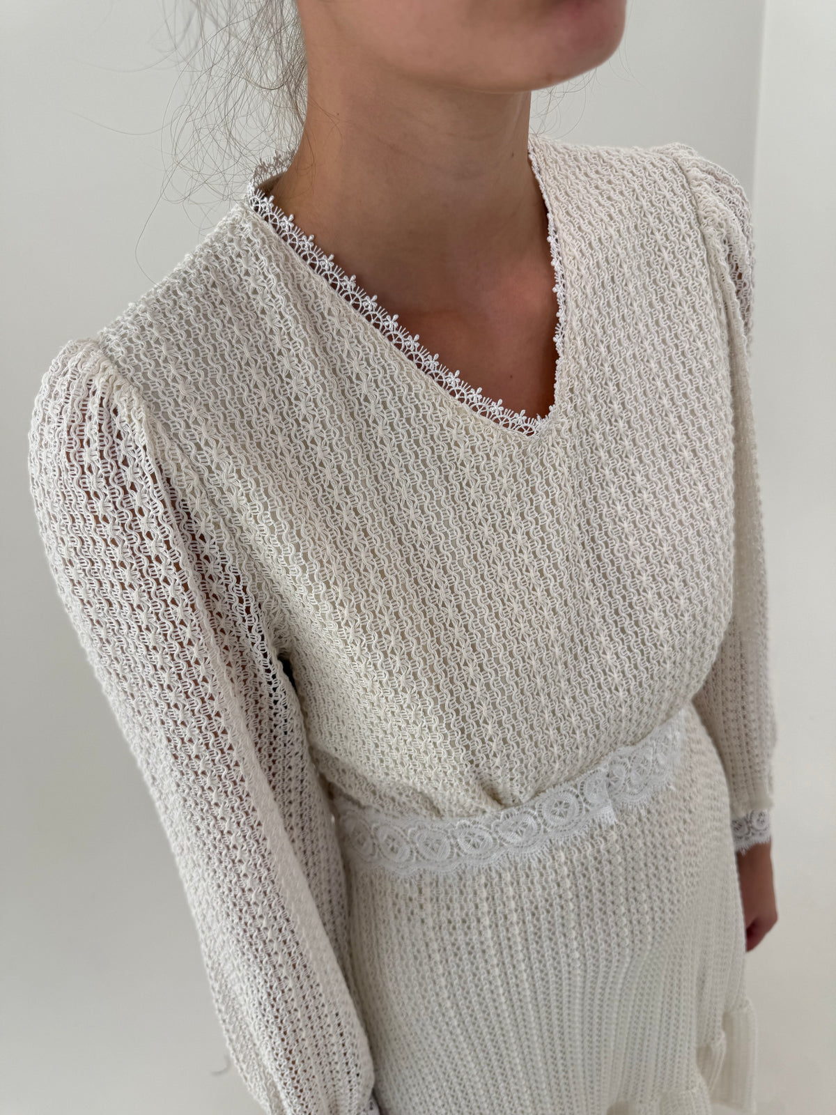 Rochie vintage superba off white din dantelă groasă cu talie ultra înaltă marcată