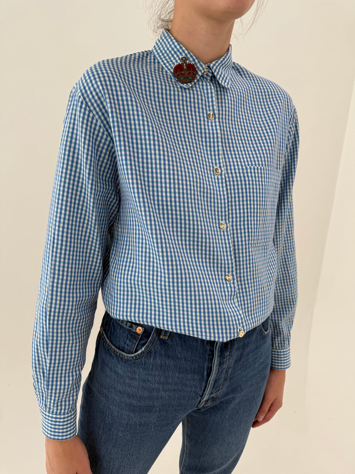 Cămașa vintage gingham din bumbac excepțional cu emblemă pe guler