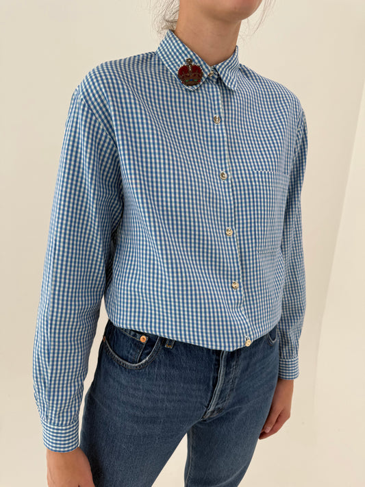 Cămașa vintage gingham din bumbac excepțional cu emblemă pe guler