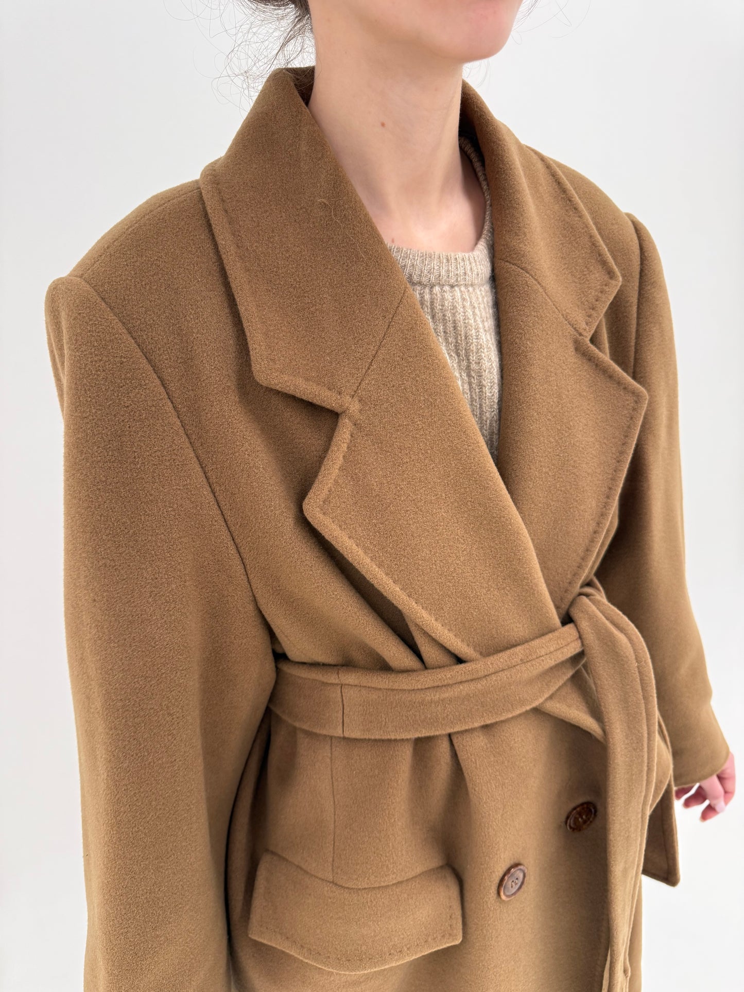 Palton plus size luxury italian camel cu cordon din lana extrafina