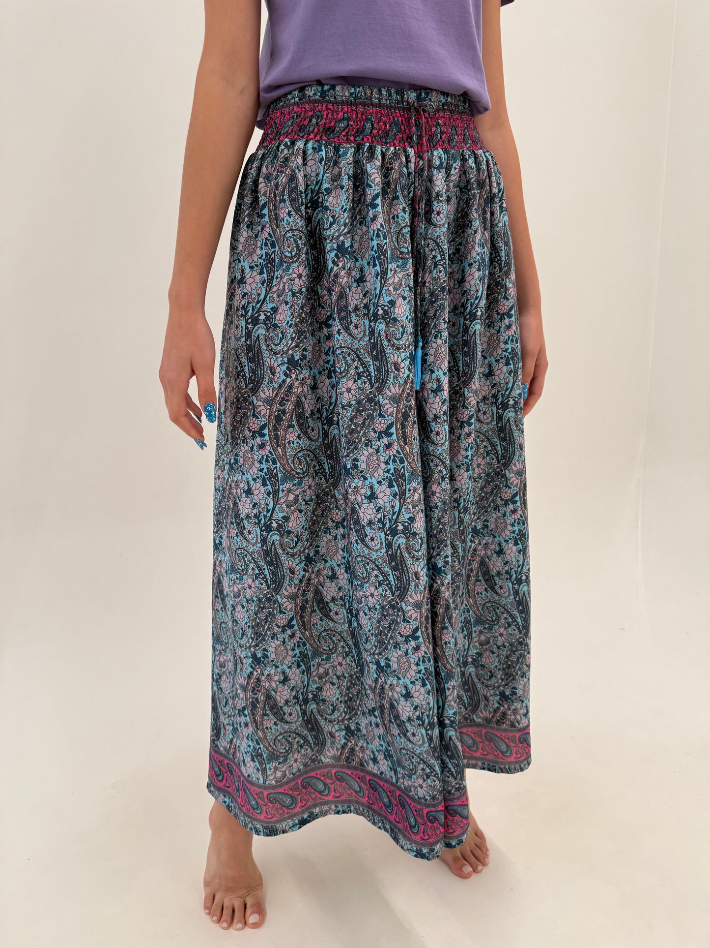 Pantaloni palazzo boho din mătase naturală cu talie ultra marcată elastică