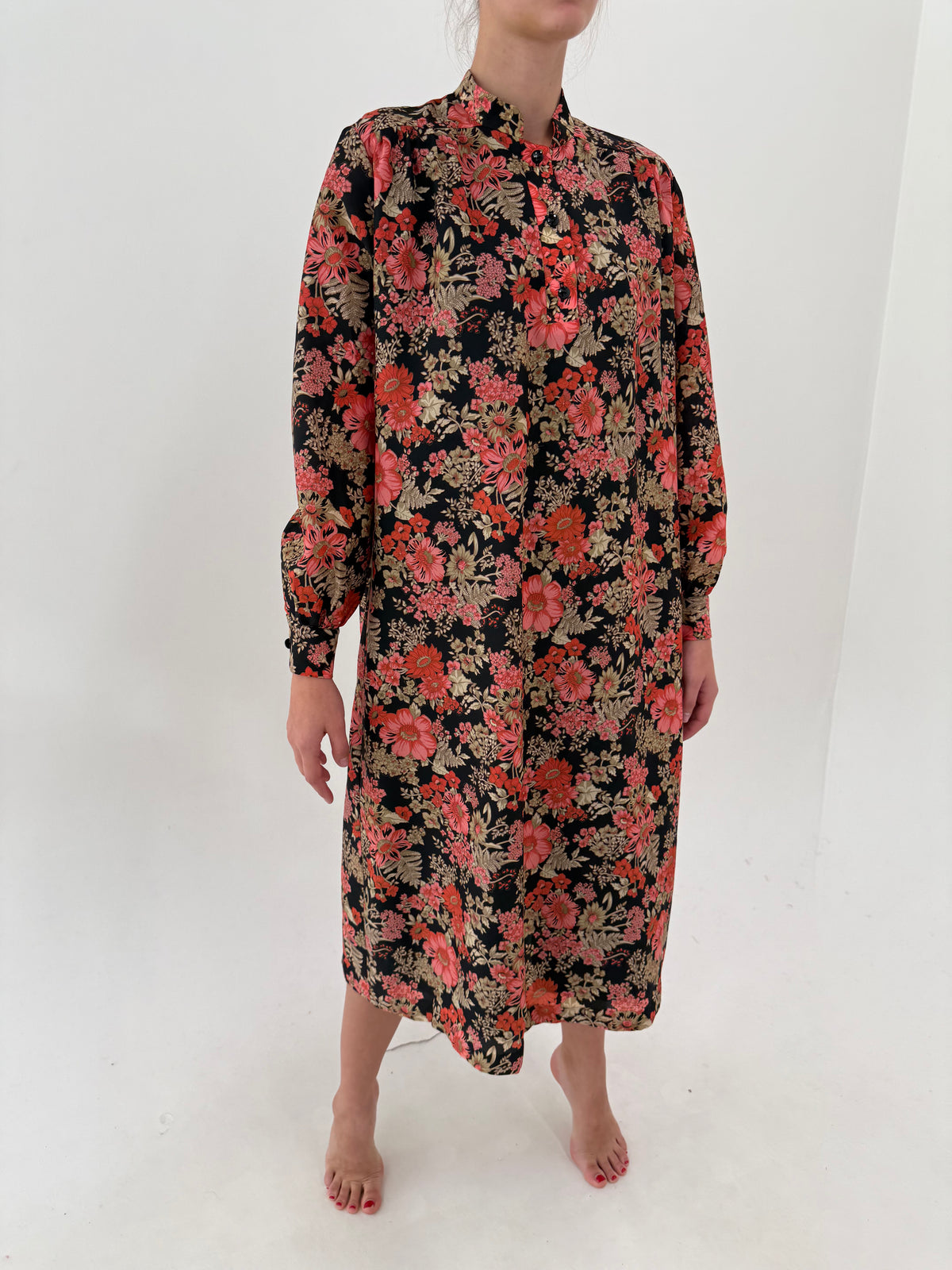 Rochie vintage midi lung cu print floral superb din mix de lana extrafina