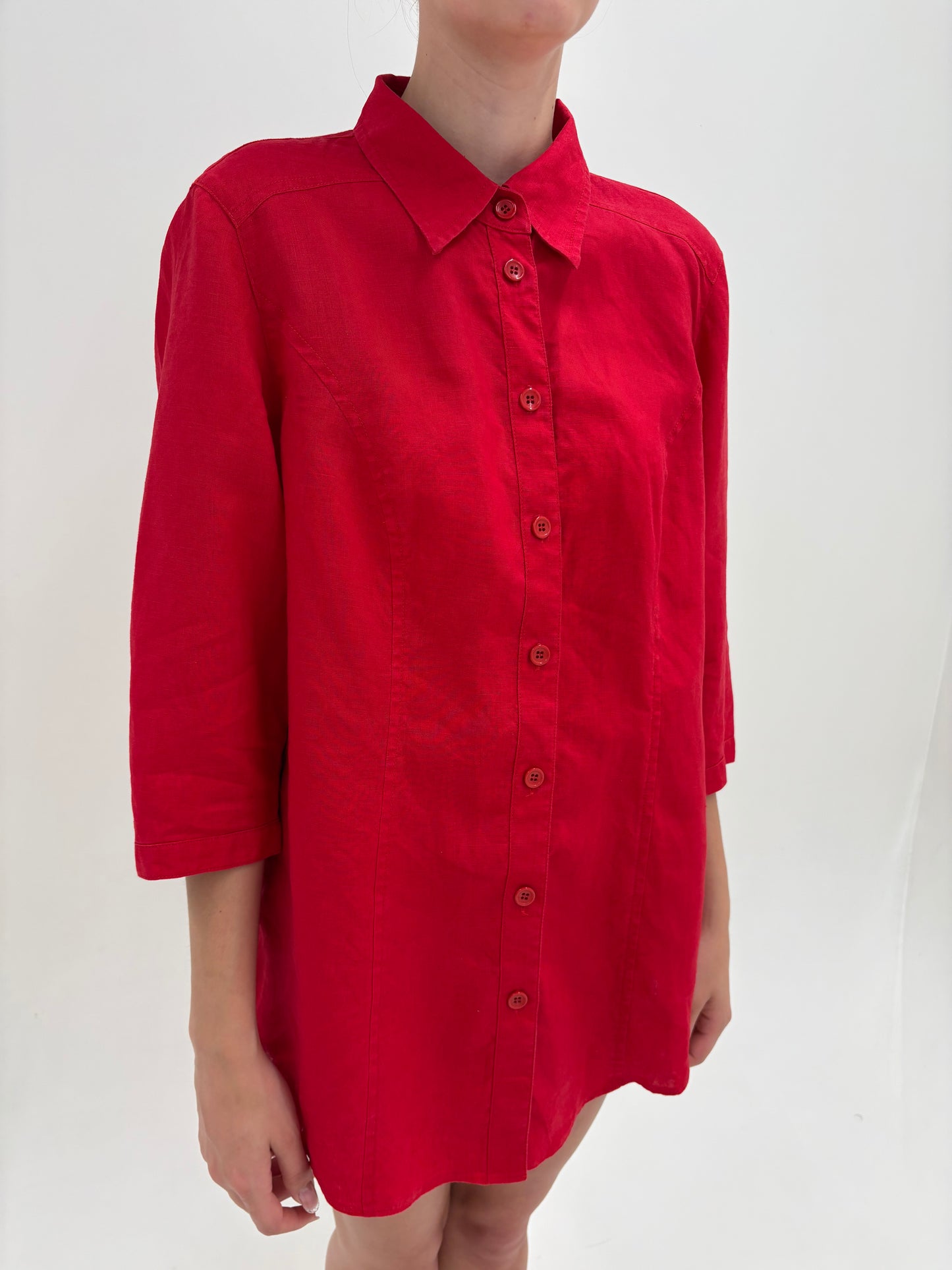 Cămașa din in cherry red cu mânecă 3/4