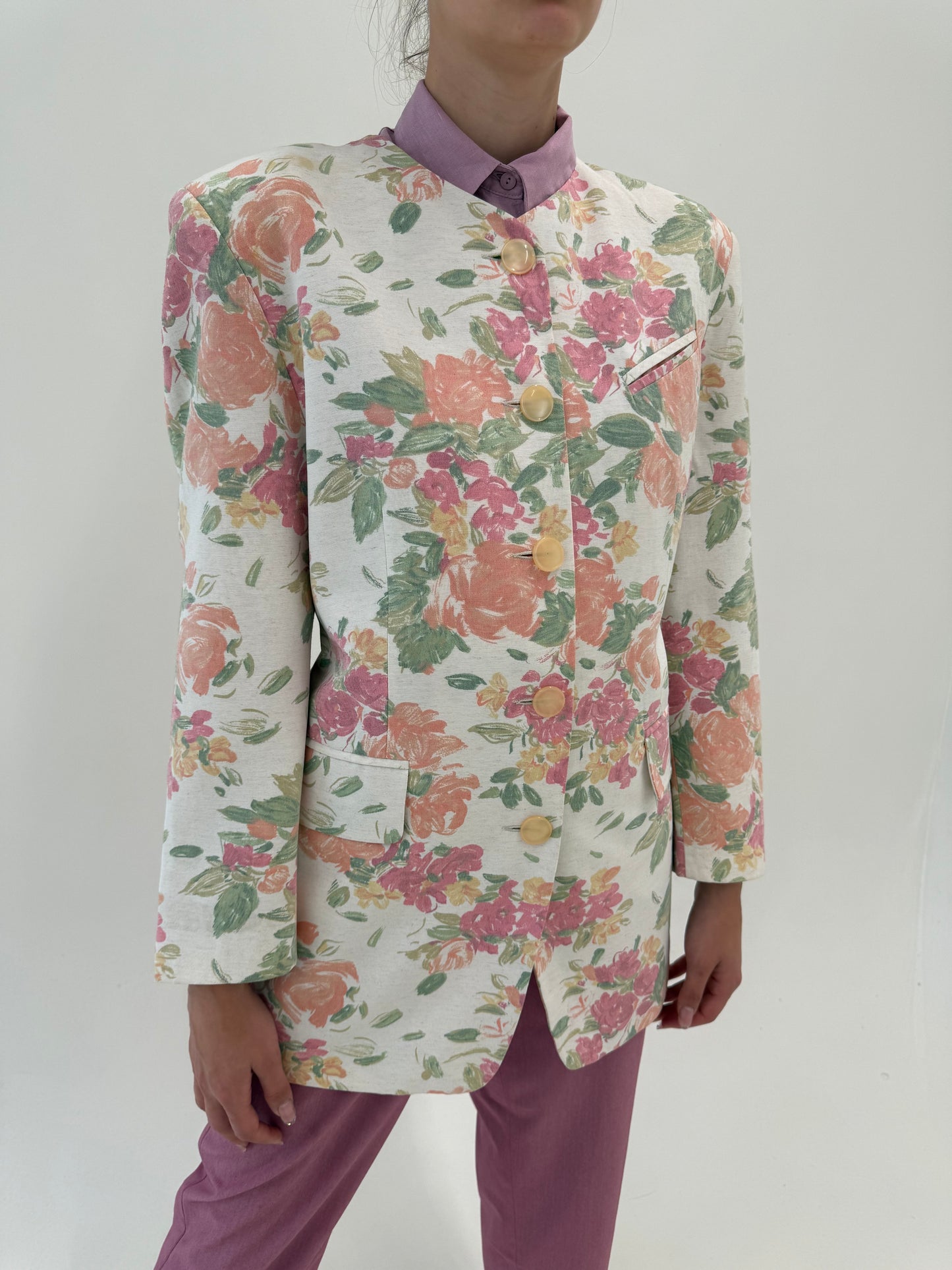 Sacou în croi minimalist din in cu print floral în culori pudrate