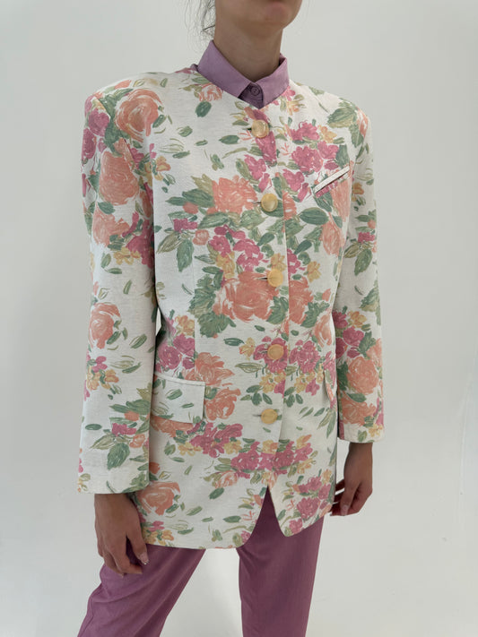 Sacou în croi minimalist din in cu print floral în culori pudrate