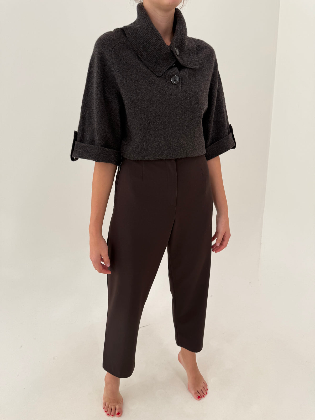 Pantaloni business confort chocolate brown cu talie ultra înaltă din stofita