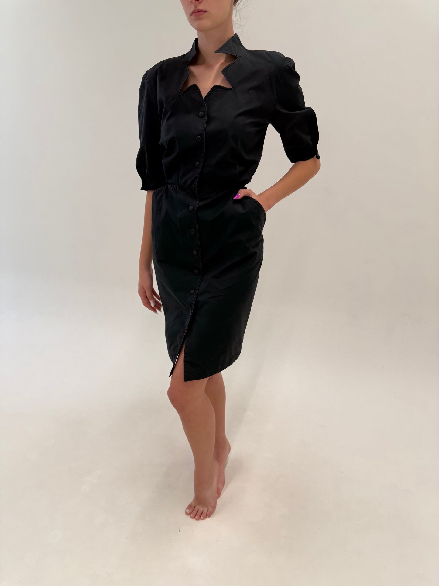 Rochie vintage de arhivă Thierry Mugler sfârșit de ani 80 din poplin negru de bumbac
