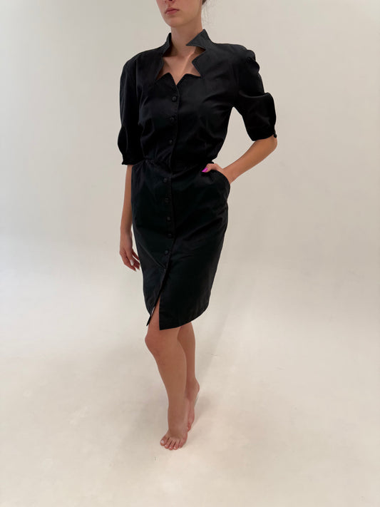 Rochie vintage de arhivă Thierry Mugler sfârșit de ani 80 din poplin negru de bumbac