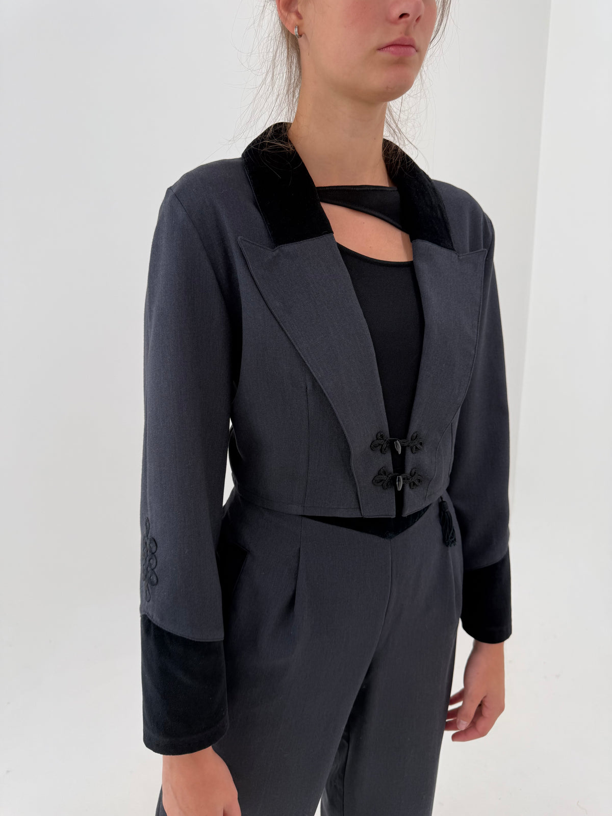 Set vintage ultra chic cu inserții din catifea din stofita si talie ultra marcată