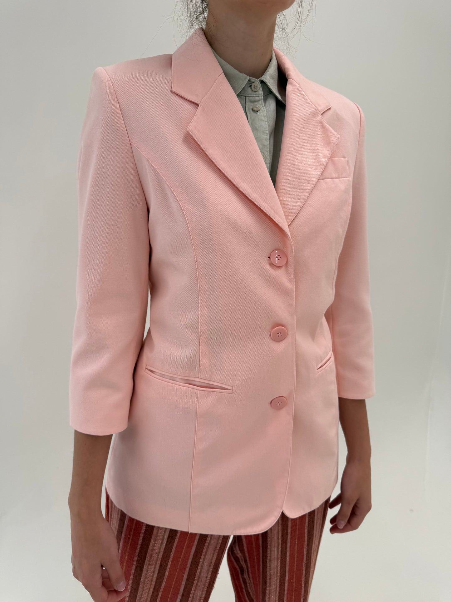 Sacou powder pink cambrat din bumbac cu mânecă 3/4