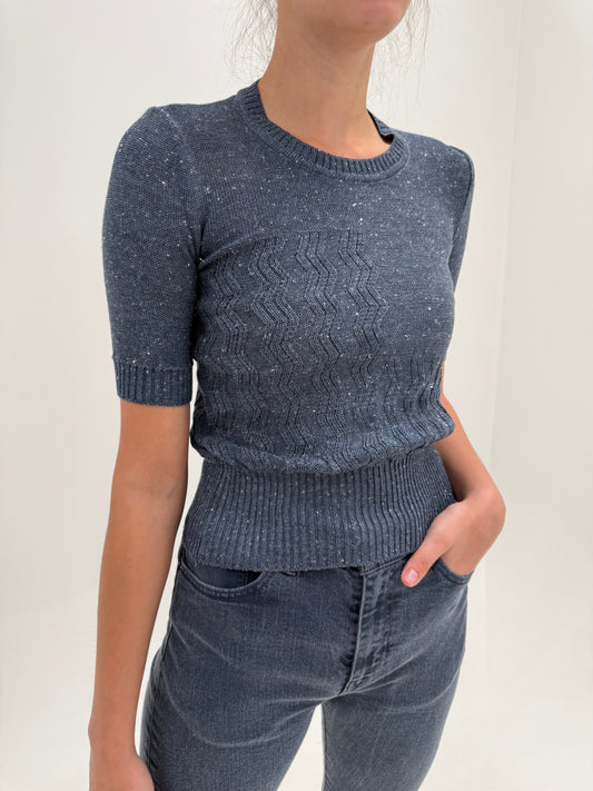 Top vintage din tricot de bumbac mercerizat premium jeans blue