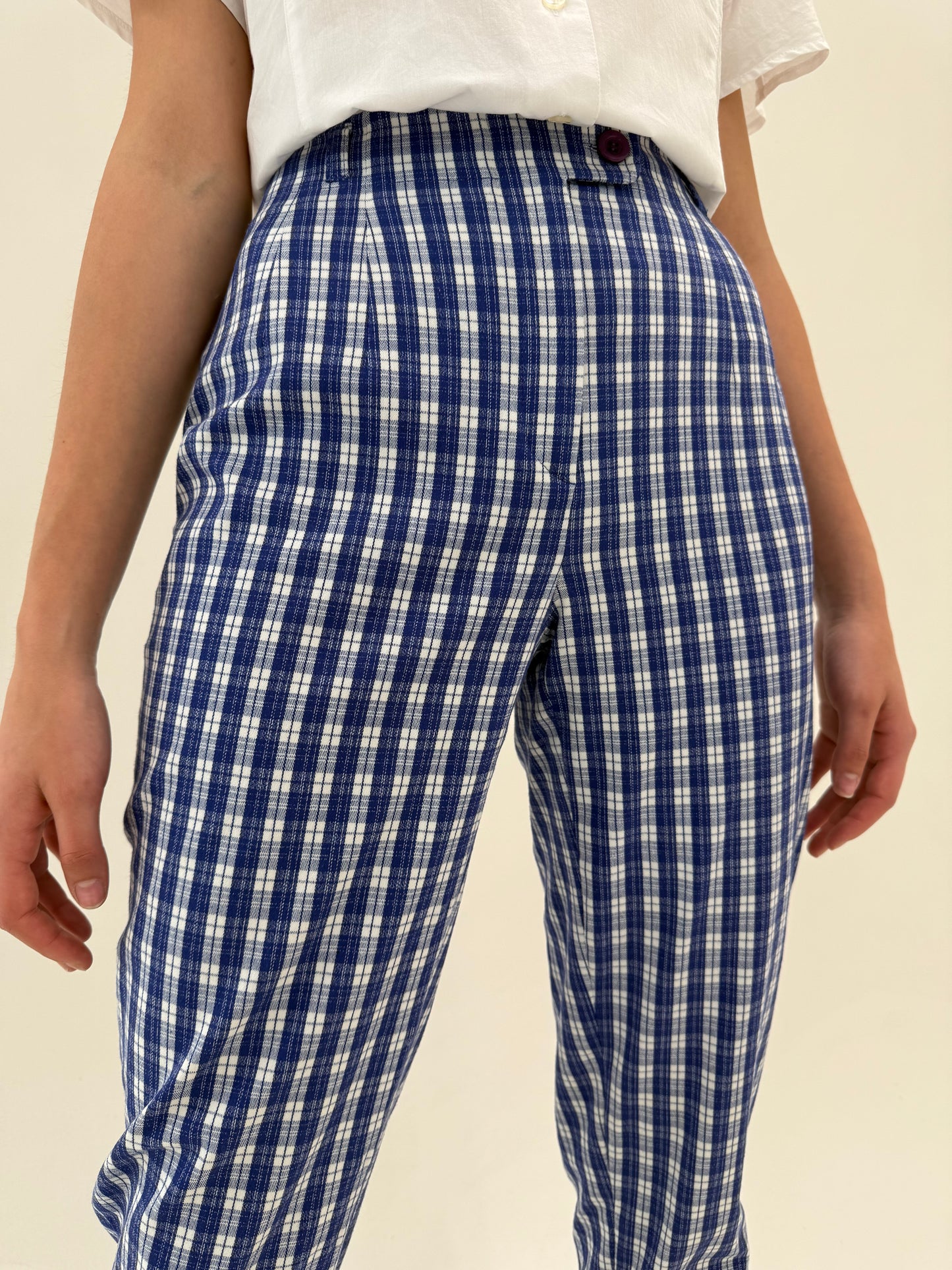 Pantaloni vintage gingham modelatori din bumbac cu talie ultra înaltă
