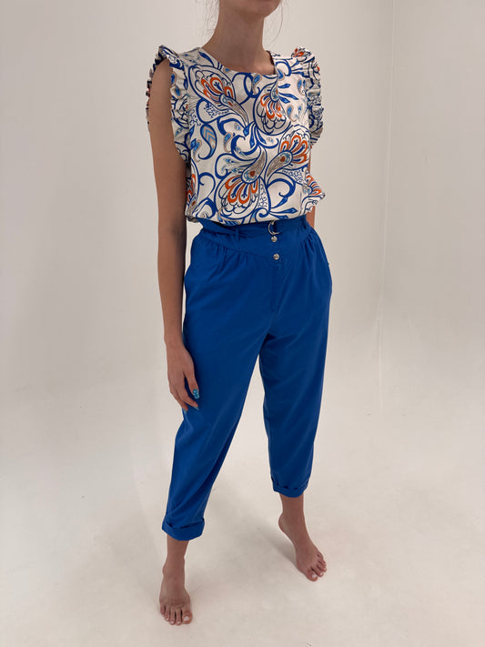 Pantaloni vintage albastru regal în croi retro modern cu talie extrem de înaltă