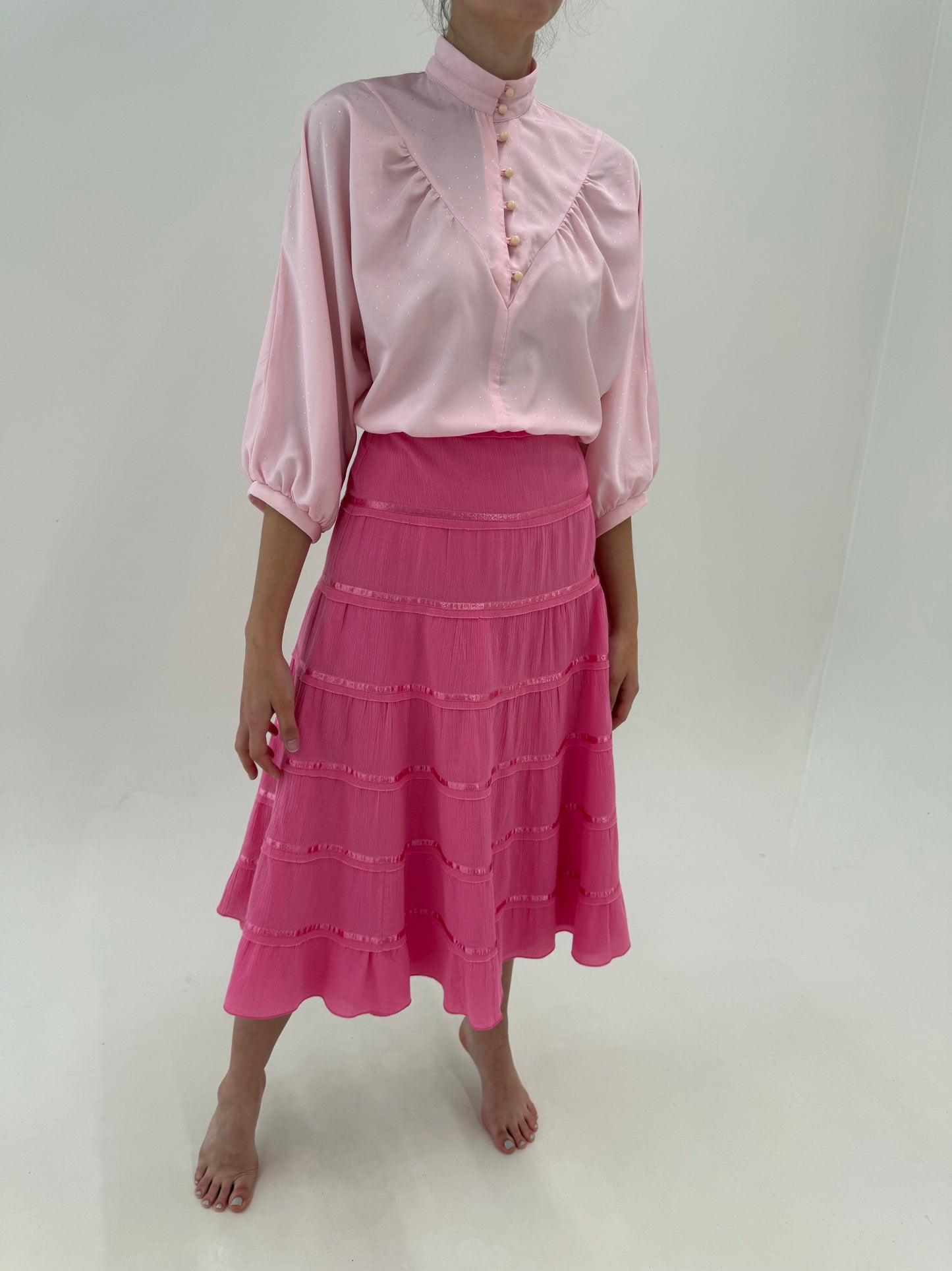 Fustă midi lung Barbie Pink din panzica no iron de bumbac