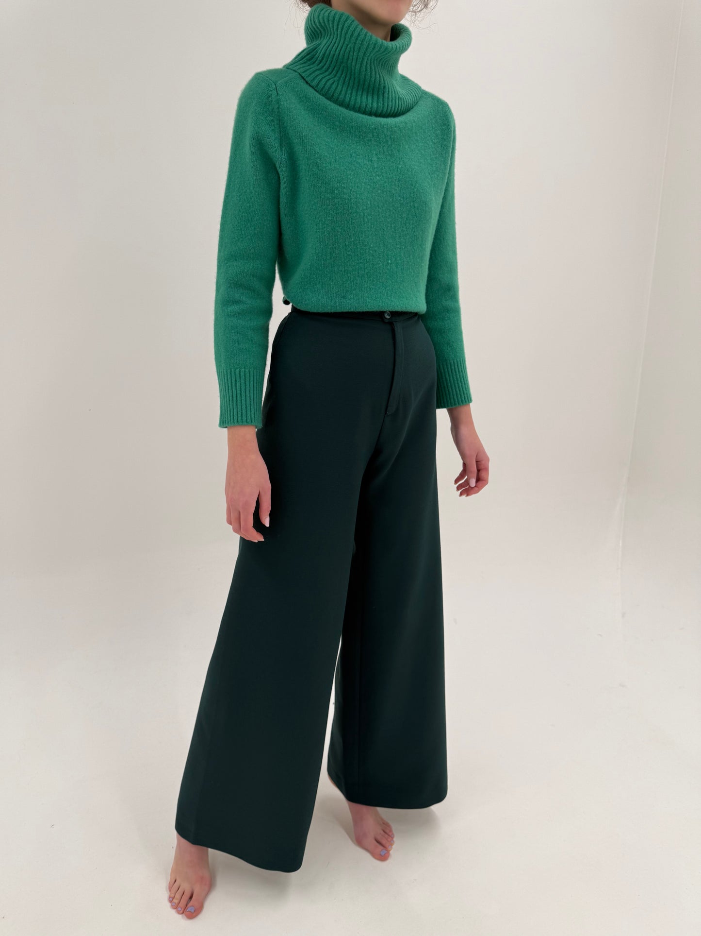Pantaloni palazzo din lana extrafina cu talie ultra înaltă forest green
