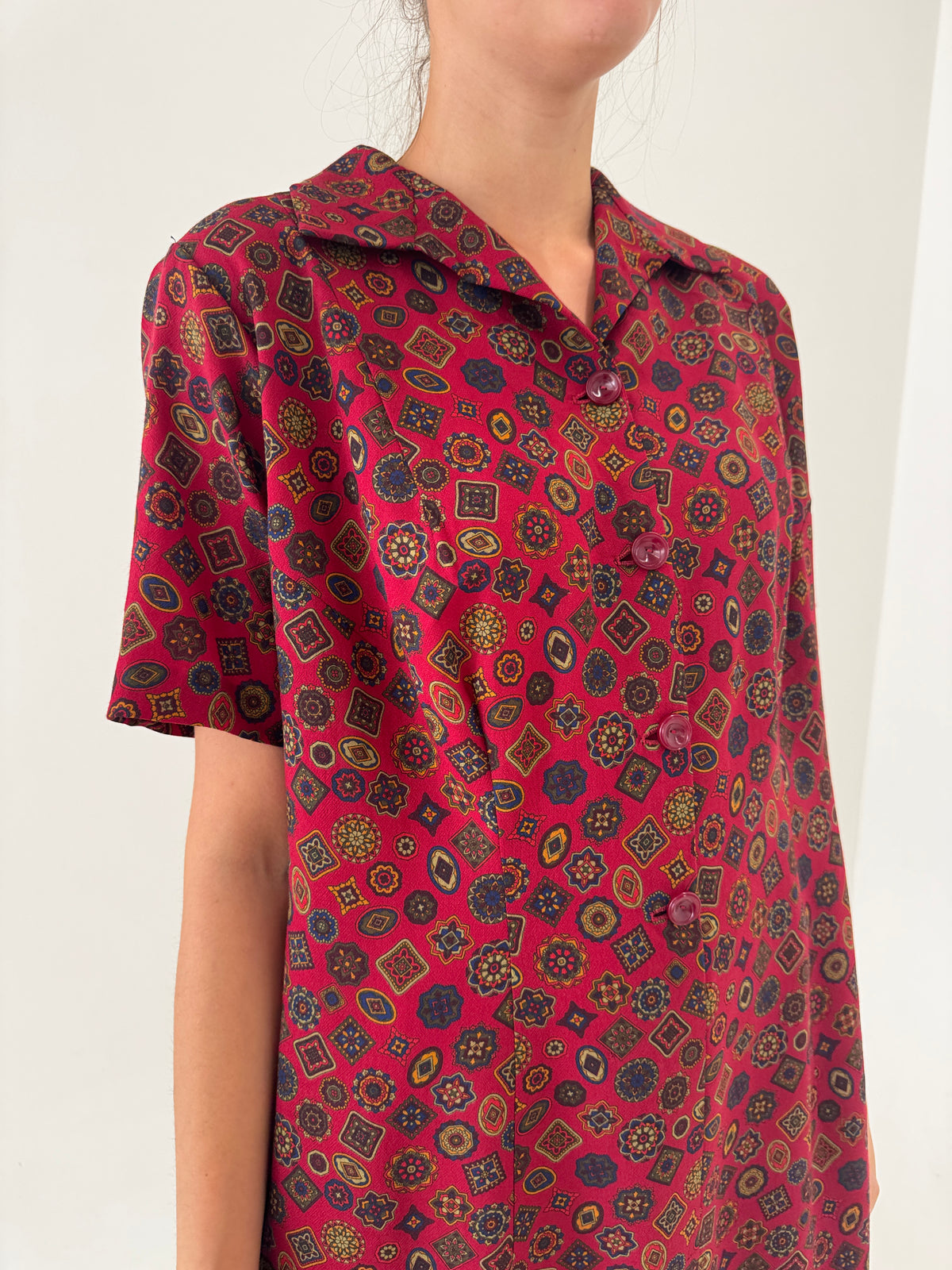 Rochie vintage burgundy din lana excepțională extrafina imprimată manual