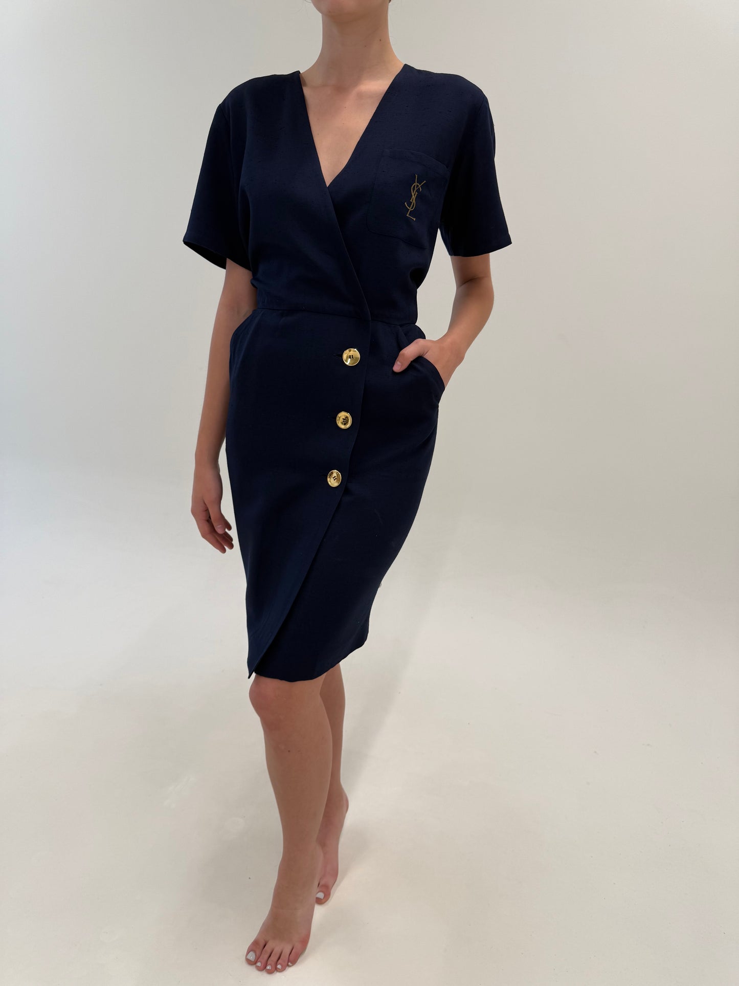 Rochie vintage Yves Saint Laurent în croi petrecut de colecție din pânză de in