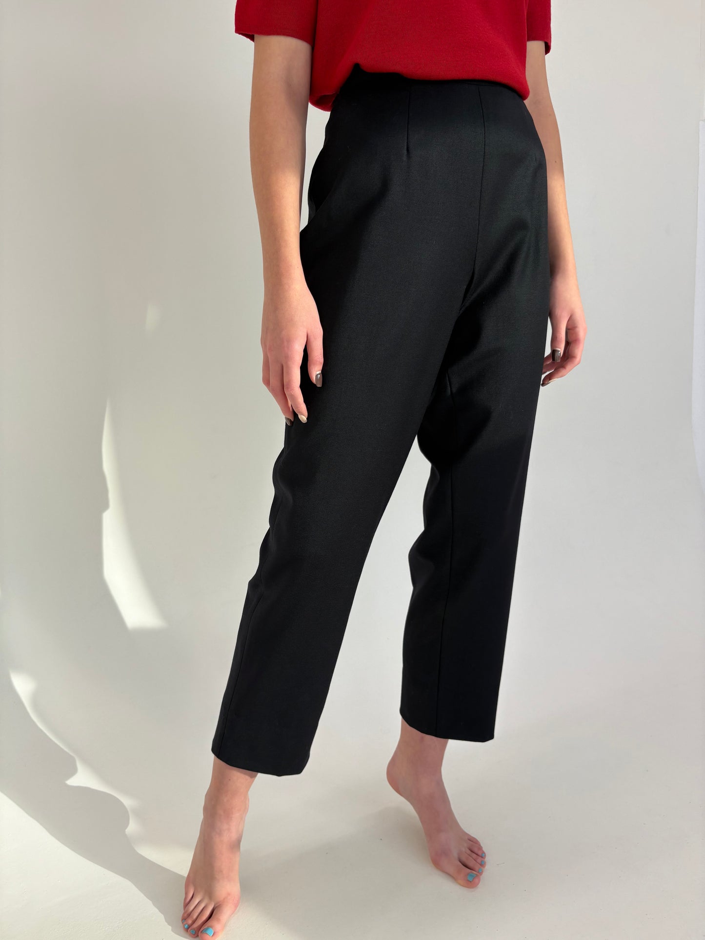 Pantaloni negri țigaretă din lana plină extrafina confort cu talie ultra înaltă