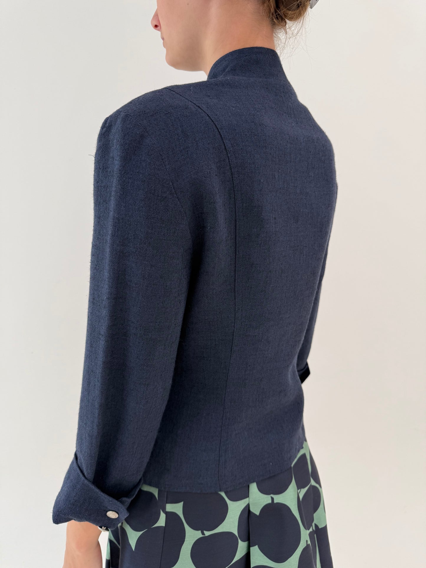 Jacheta vintage din stofă de in și vascoza jeans blue nouă cu etichetă