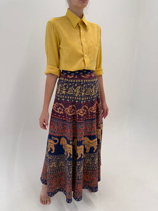 Fustă maxi tall jeans blue petrecută  din canvas de bumbac cu print manual