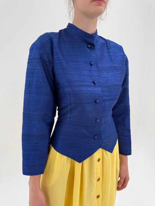 Sacou vintage albastru cerneală ultra cambrat petite din mătase naturală