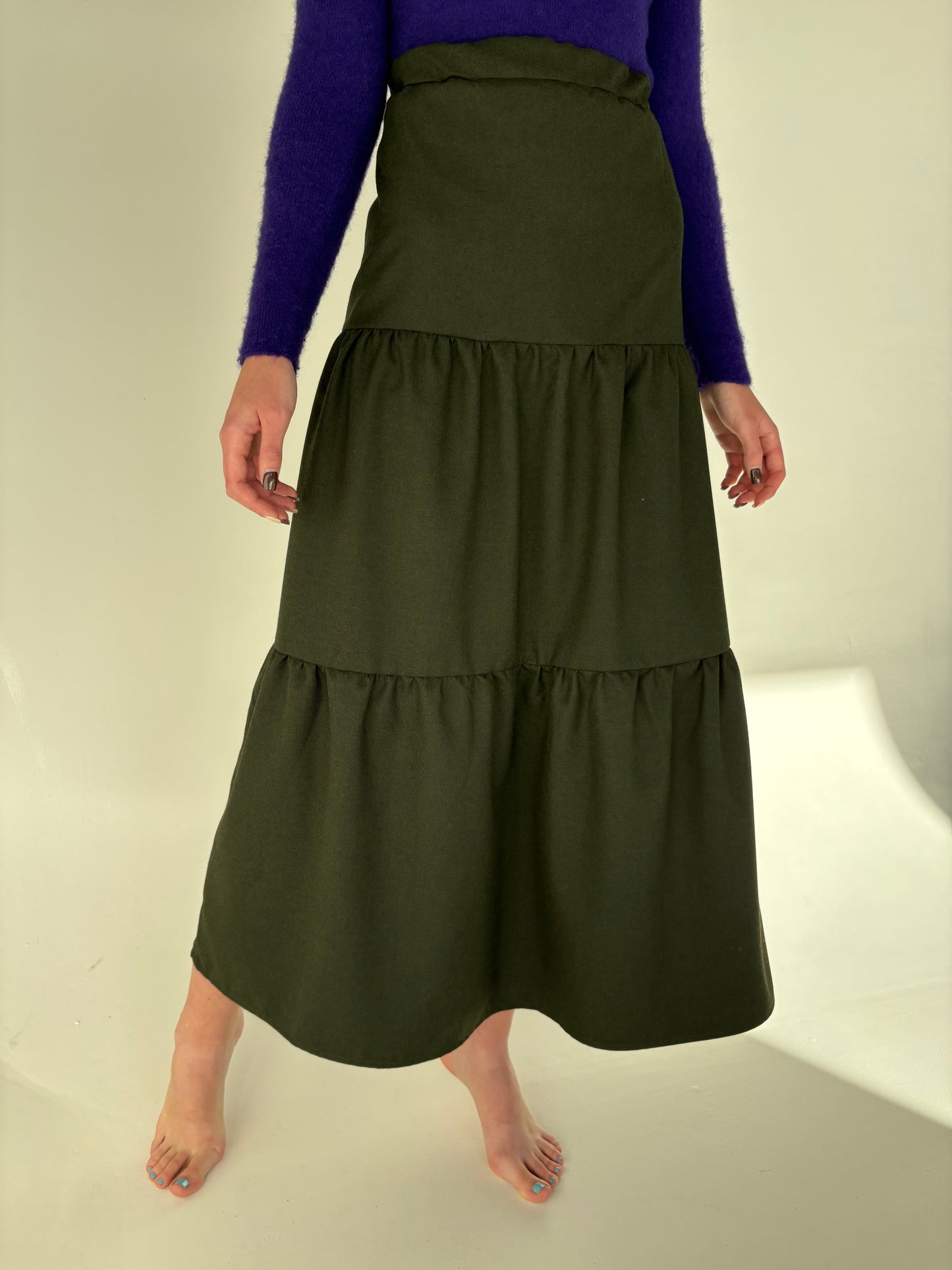 Fustă maxi forest green cu talie ultra înaltă elastica din stofă