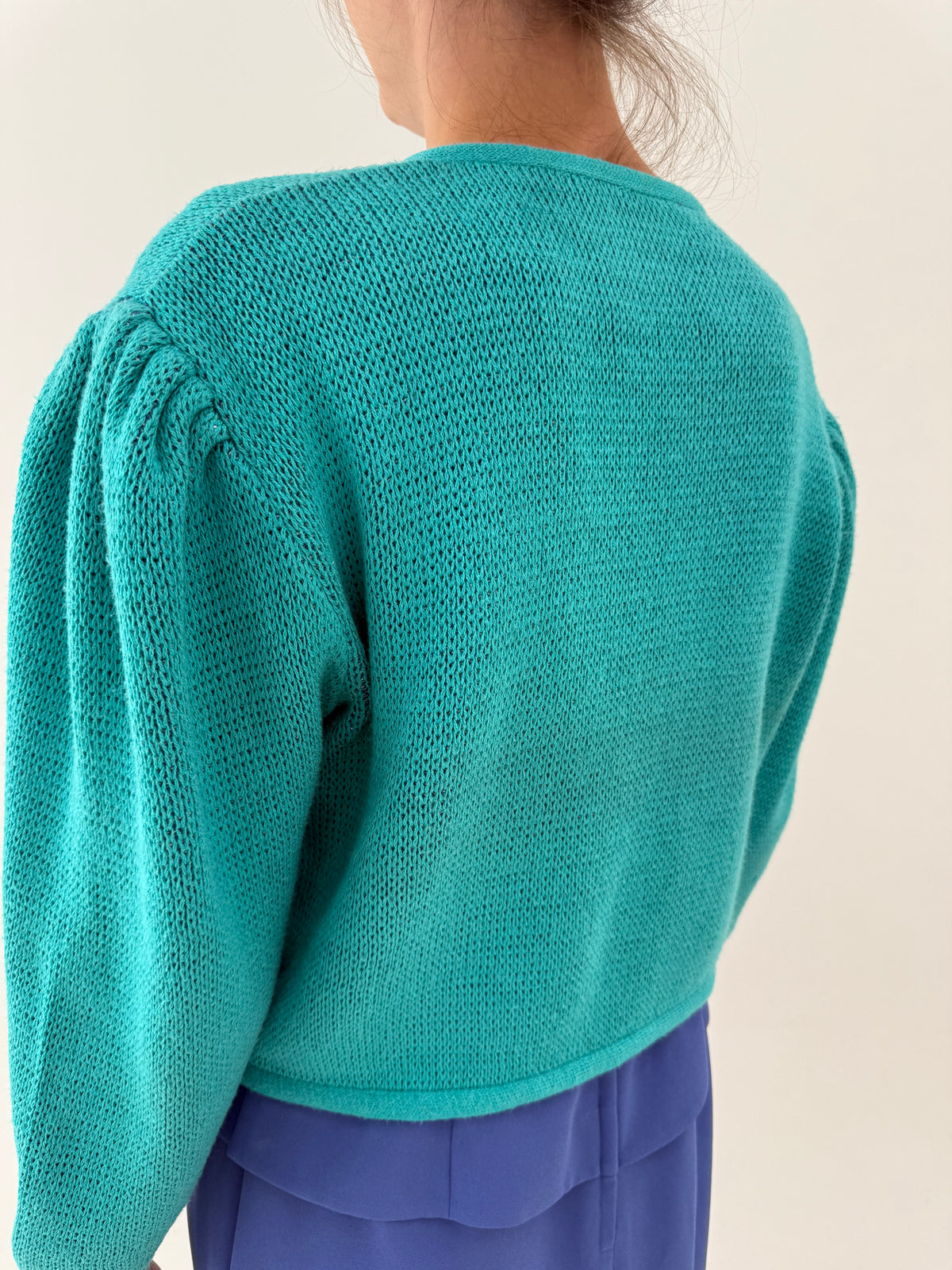 Jacheta vintage cu umeri ușor bufanți teal blue din bumbac și lana