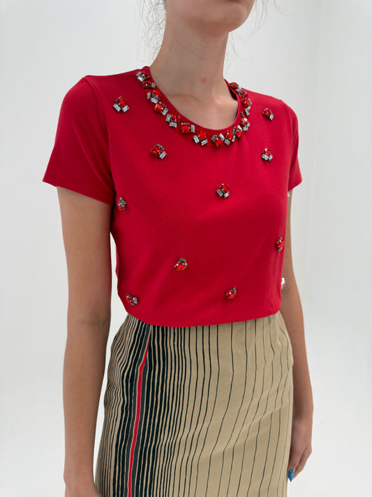 Top Max Mara cherry red cu aplicații manuale din bumbac premium