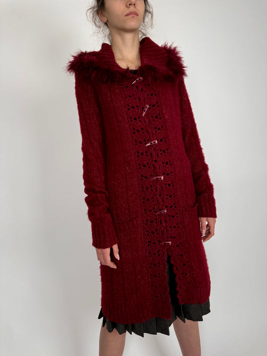 Cardigan lung burgundy cu pene naturale din lana și mohair