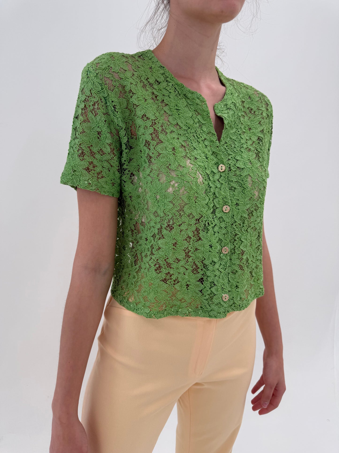 Top vintage verde crud din dantelă guipure ultra confort