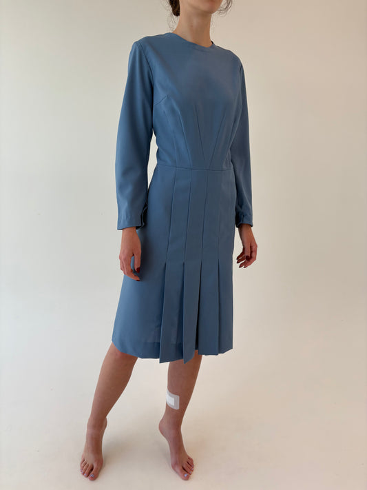 Rochie old vintage început de ani 80 din stofă de lana albastru ciel
