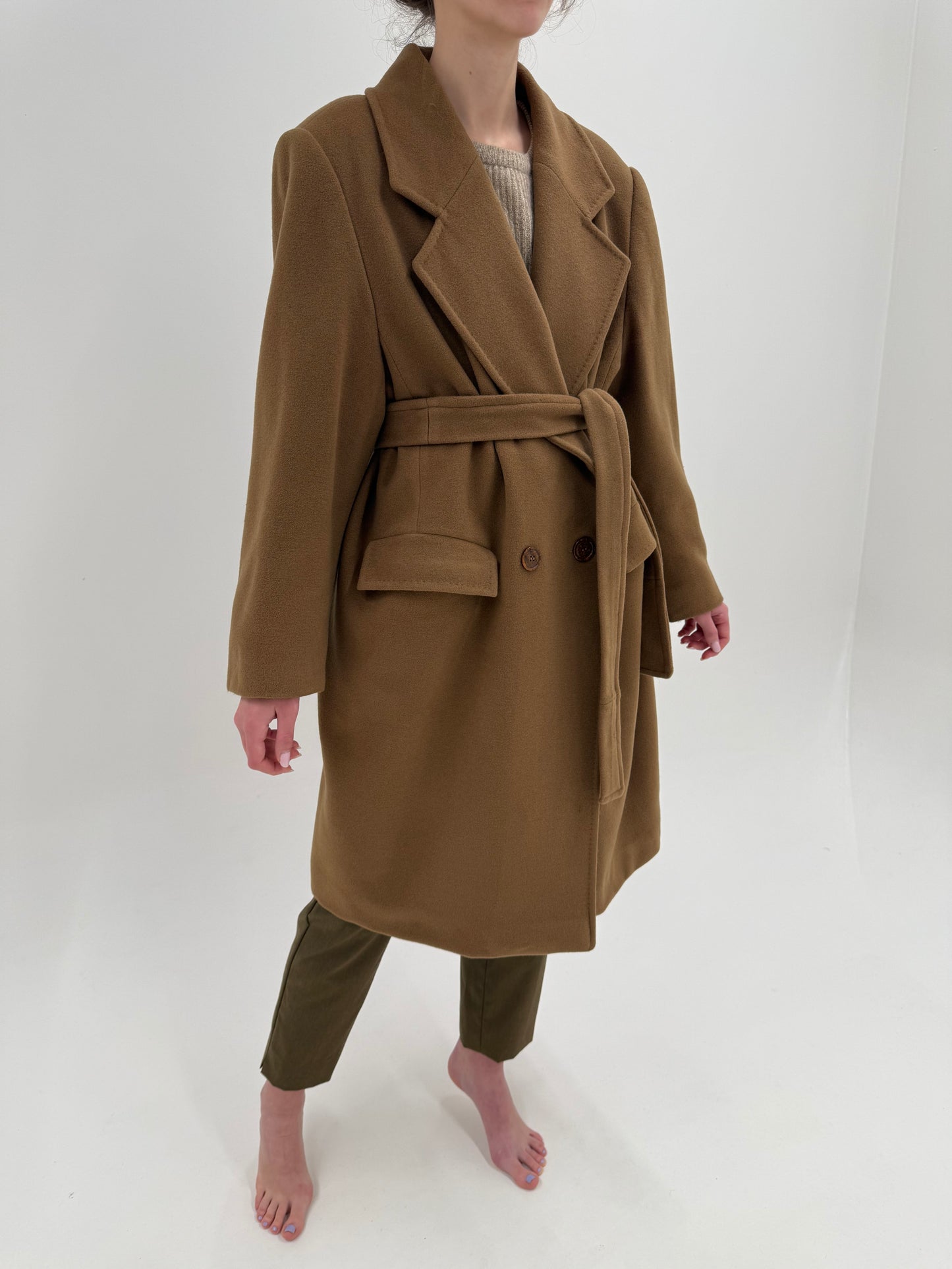 Palton plus size luxury italian camel cu cordon din lana extrafina