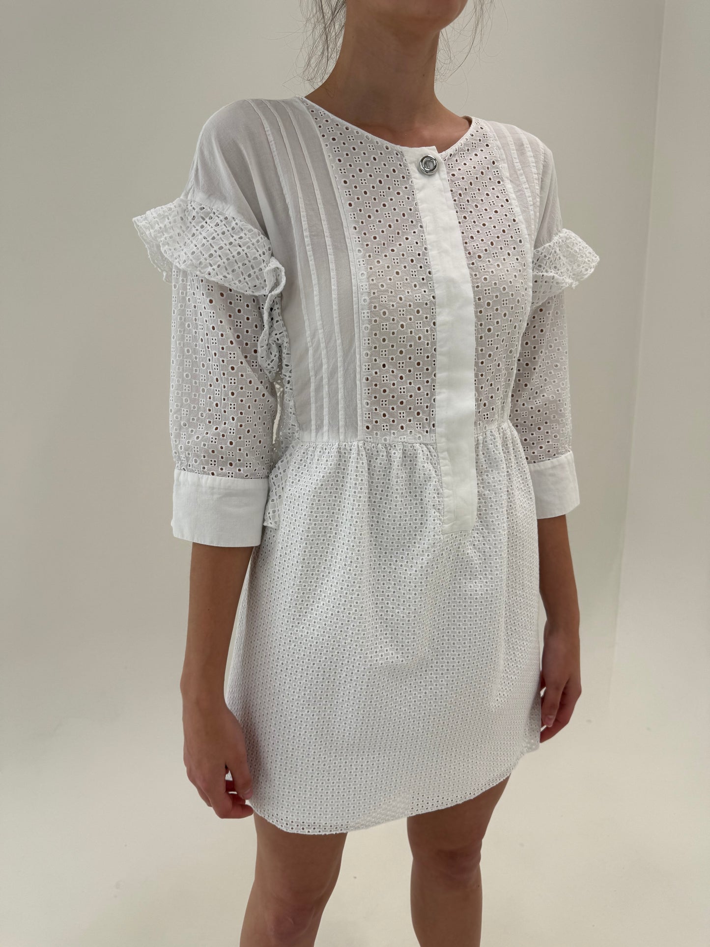 Rochie din bumbac integral cu broderie anglaise cu talie ultra înaltă