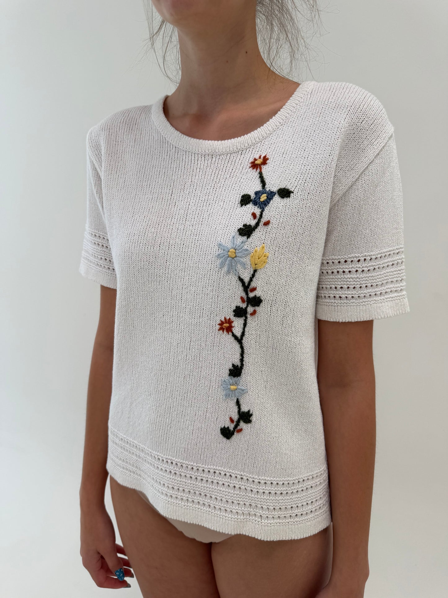 Top vintage soft knit de vară cu broderie manuală din bumbac