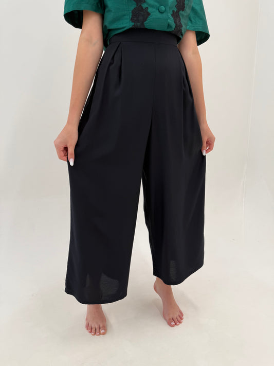 Pantaloni palazzo ultra vaporoși negri cu talie ultra înaltă elastică
