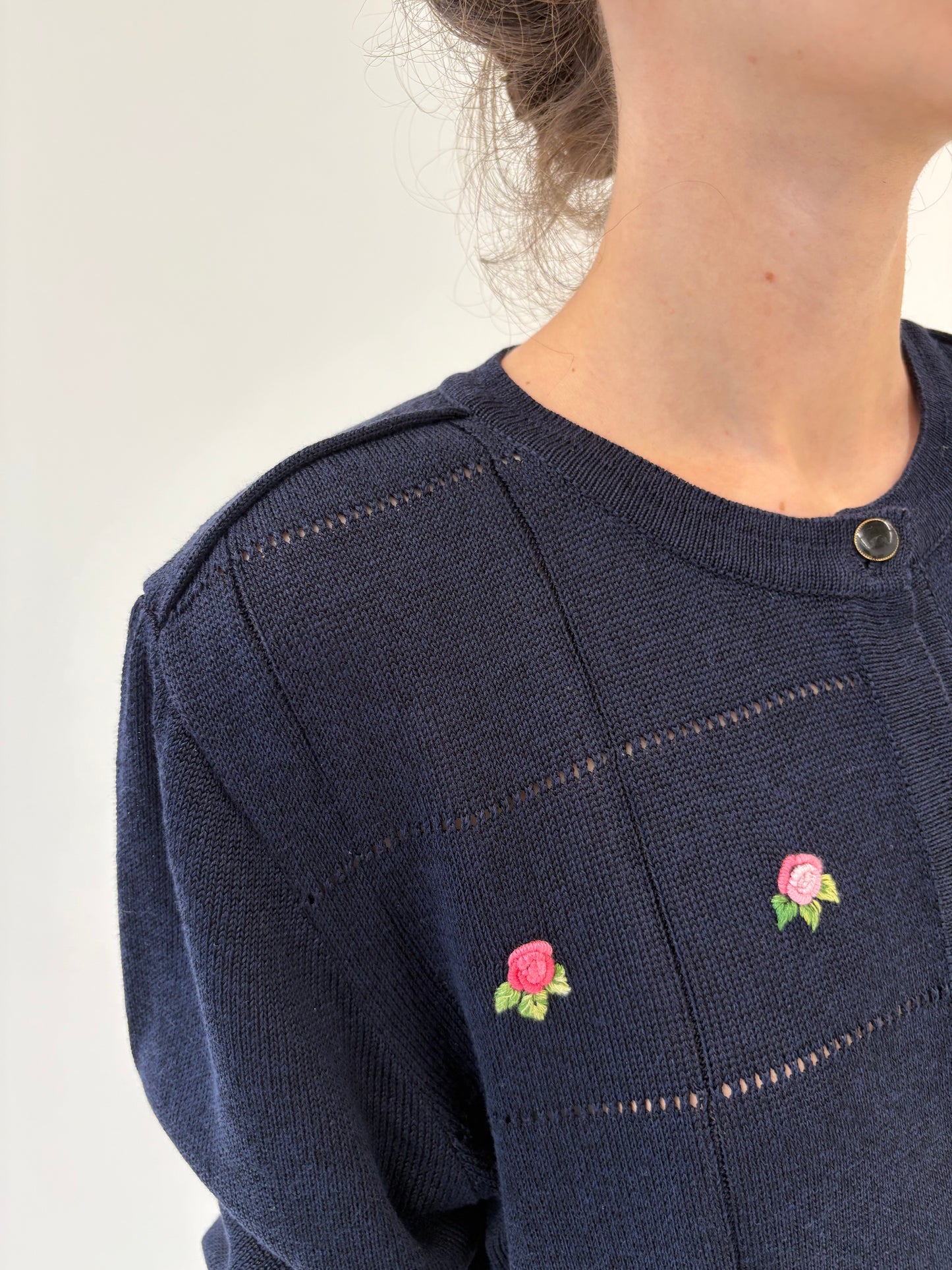 Top vintage Navy cu broderie manuală 3D din jerse de vară