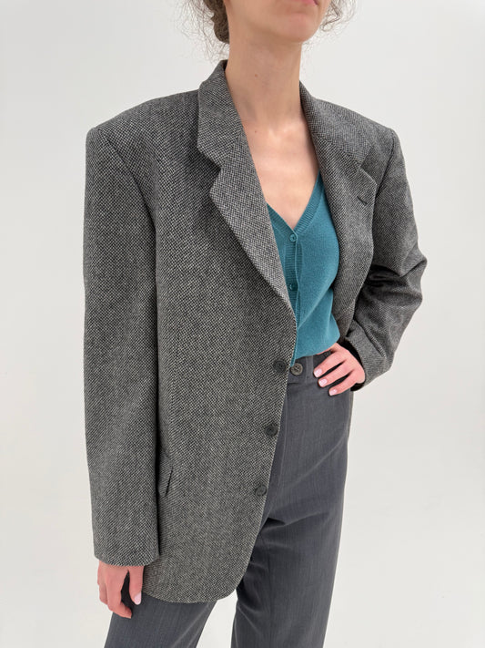 Sacou italian din stofă groasă Chevron de lana virgină alb cu negru