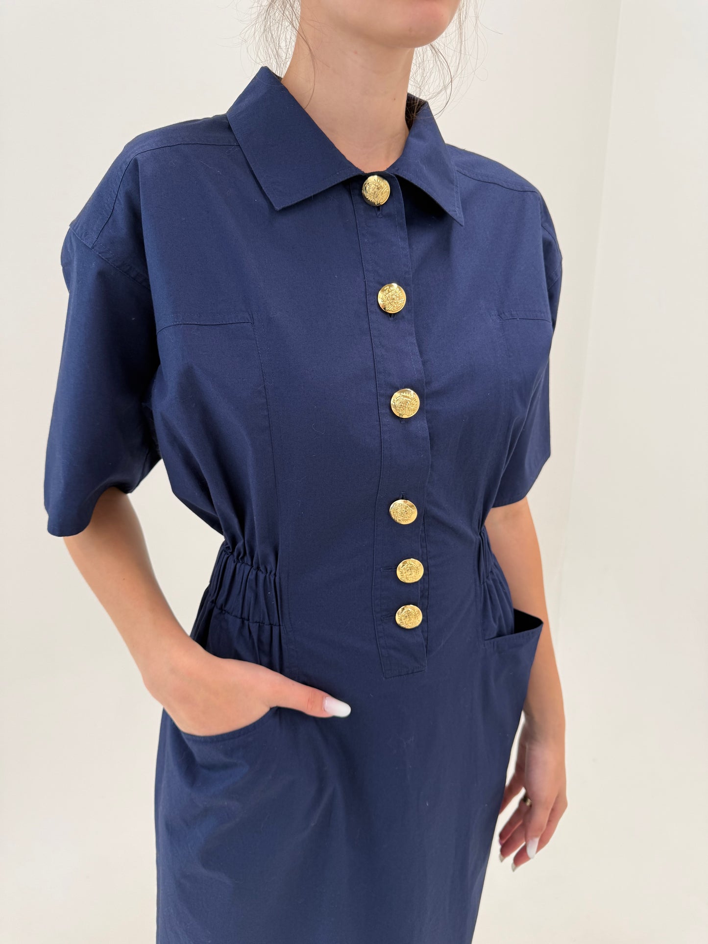 Rochie vintage excepțională italiană din canvas de bumbac cu nasturi aurii