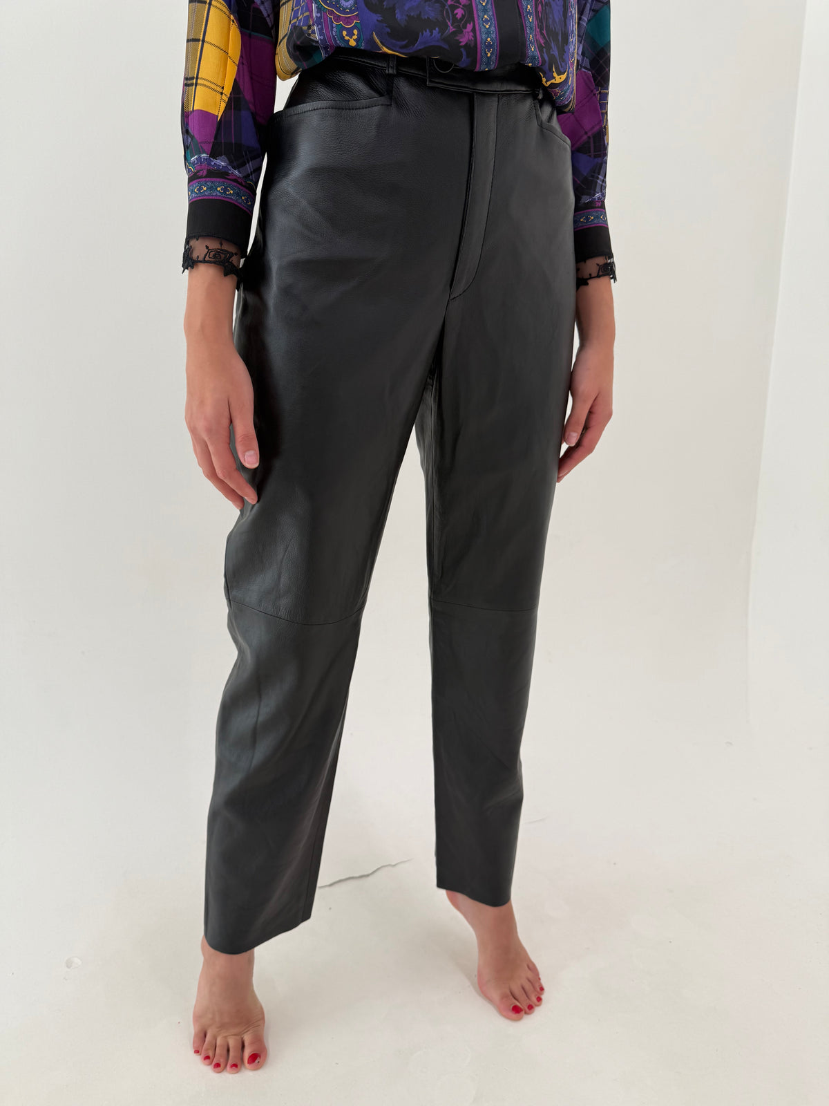 Pantaloni din piele naturală extra moale cu talie ultra înaltă straight leg