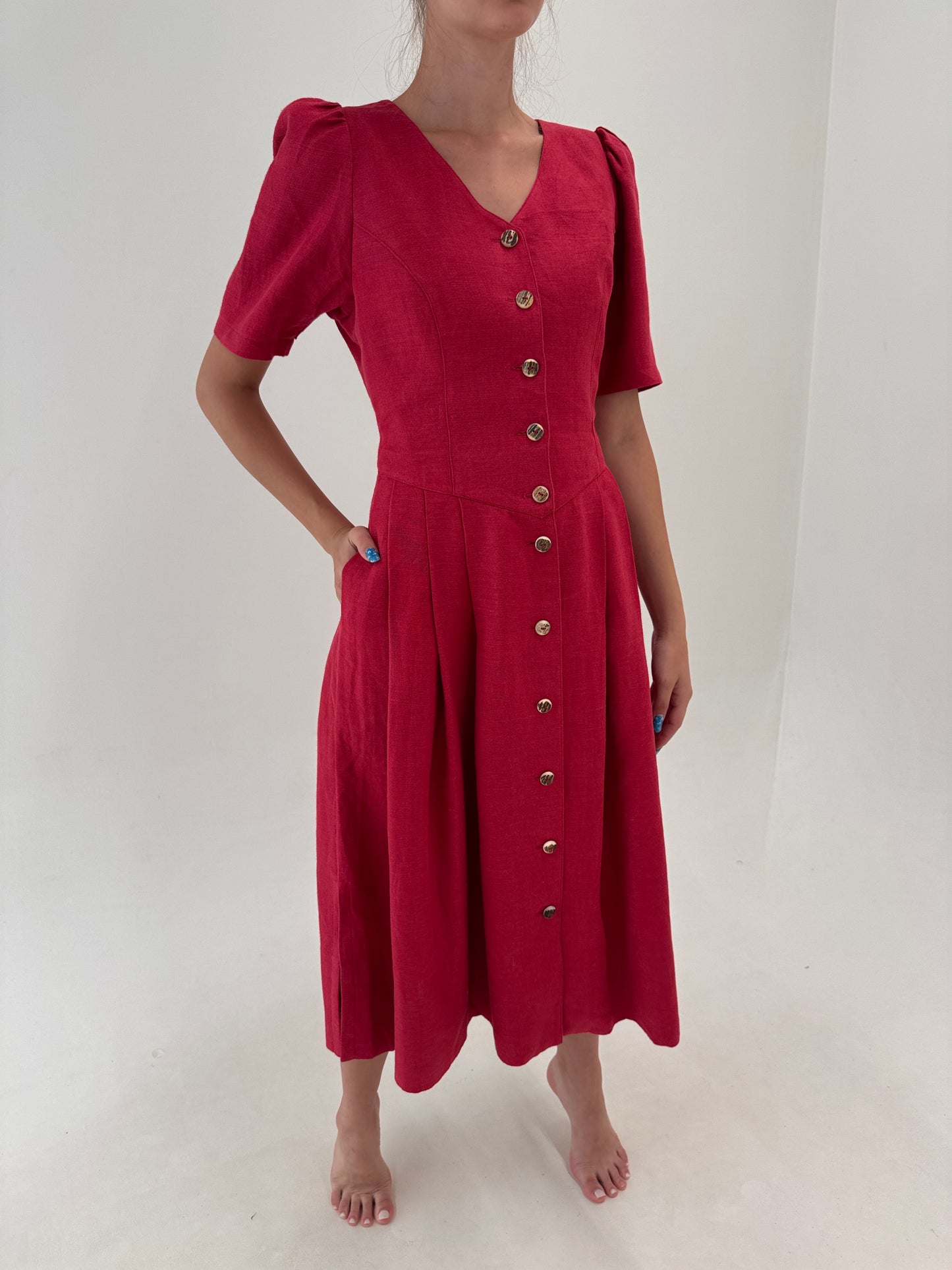 Rochie vintage maxi din pânză de in merlot red cu corsaj și buzunare