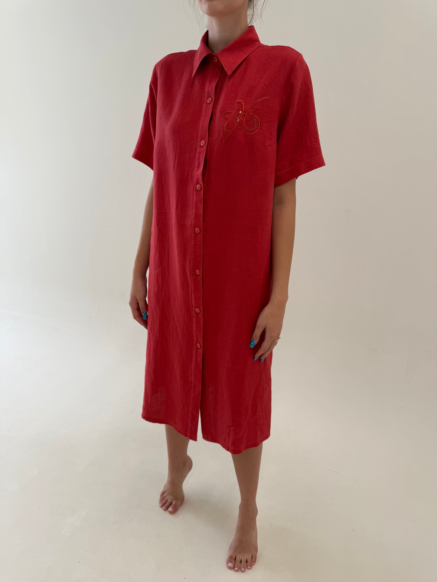 Rochie italiană brick red din in excepțional cu broderie