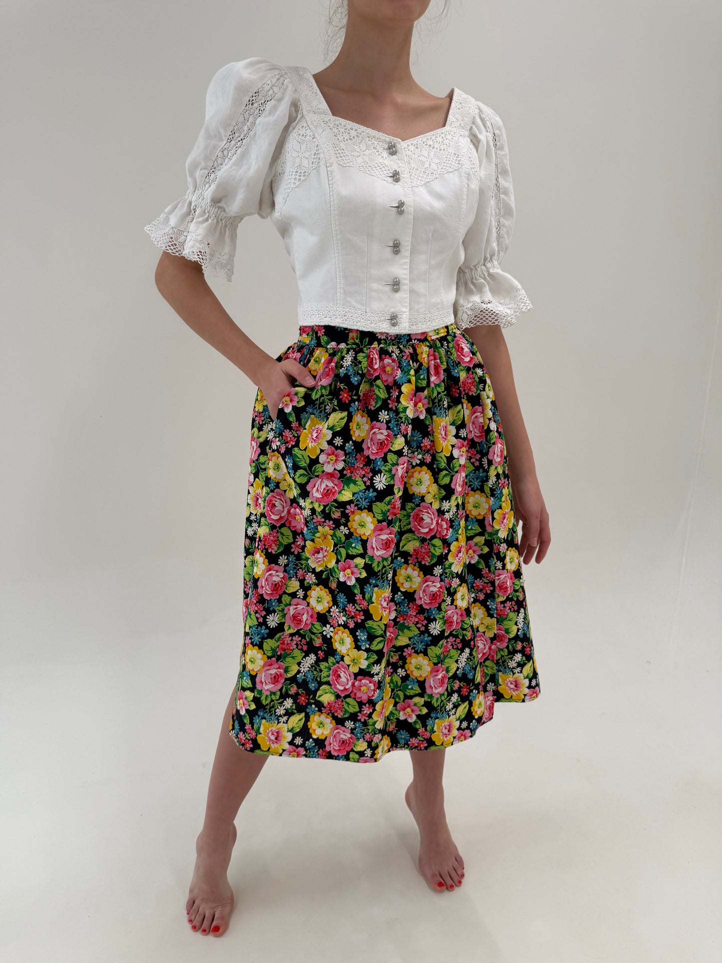 Fustă cu pent floral superb din pânză cu talie ultra înaltă elastică midi
