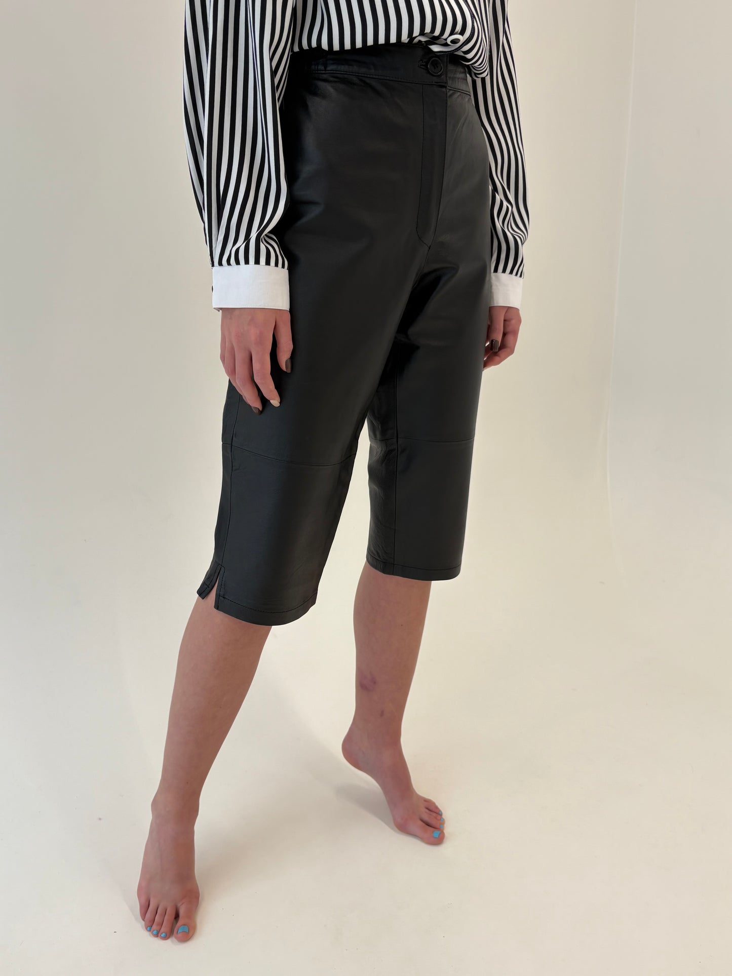 Pantaloni din piele naturală 3/4 cu talie ultra înaltă mom fit