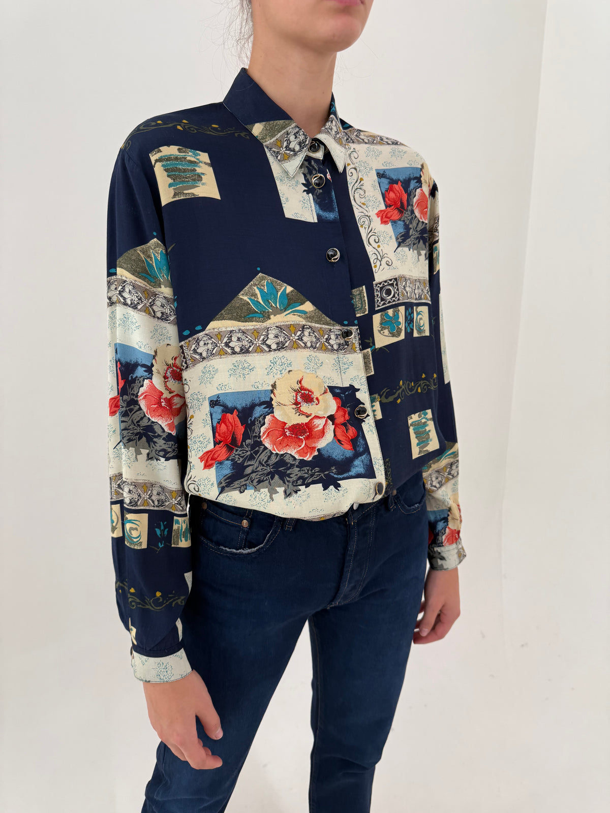 Cămașa vintage Navy blue cu print superb